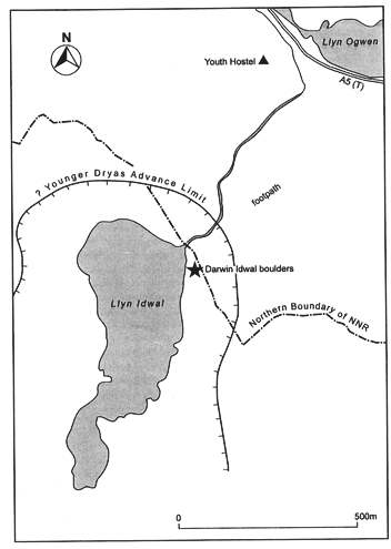 Fig 1. Map showing the location of the ‘Darwin Idwal boulders’ within the Cwm Idwal National Nature Reserve.
